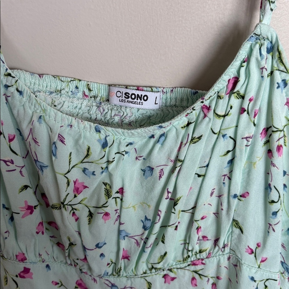 Cisono Floral Mini Dress Green Pink Cottagecore Summer Dress Size L - Picture 2 of 6
